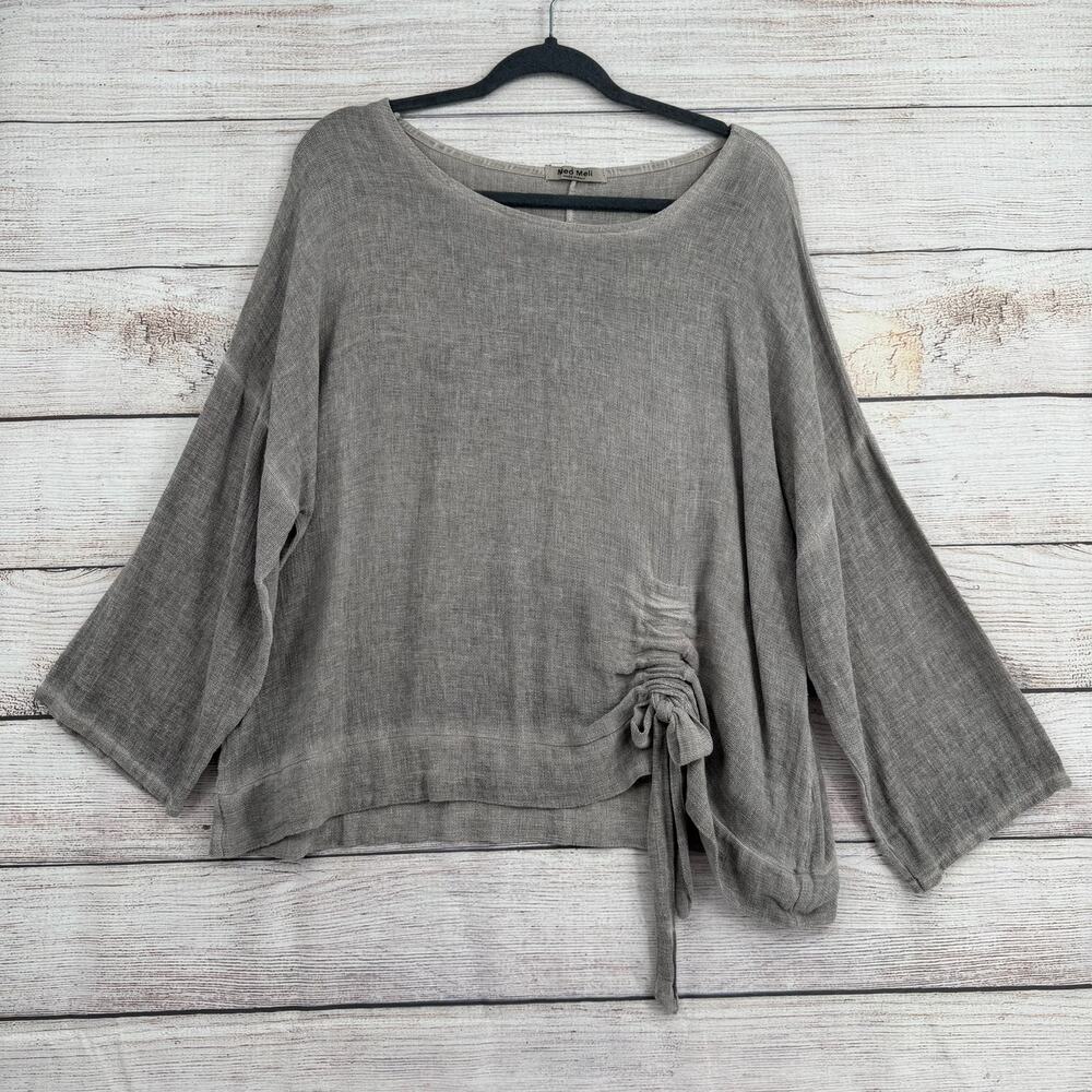 Meo Meli Linen Blend Woven Side Cinch Blouse Womens XL Gray Beige